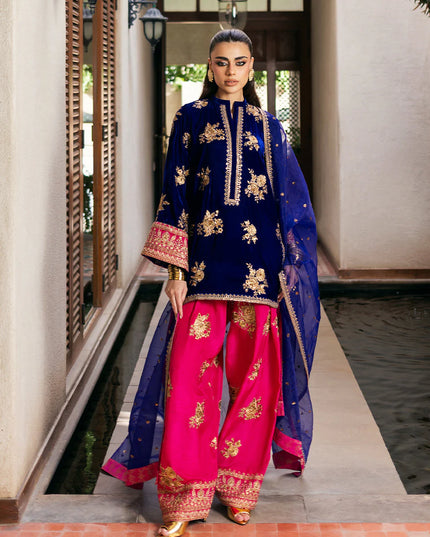 Jia | Navy Blue Velvet Embroidered Farshi Shalwar