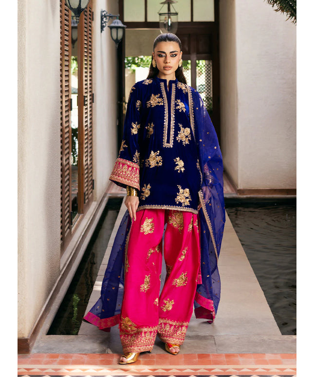 Jia | Navy Blue Velvet Embroidered Farshi Shalwar