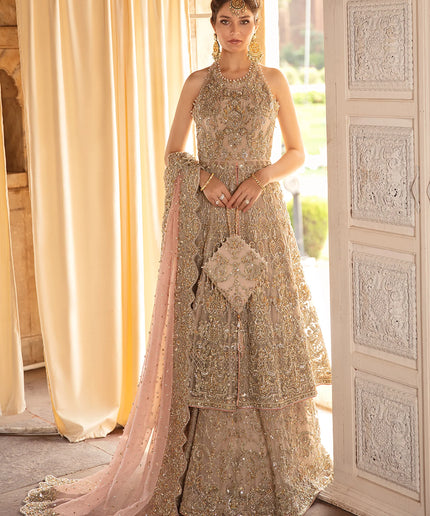 Jiya | Nude Hand Embellished Front Open Organza Bridal Gown
