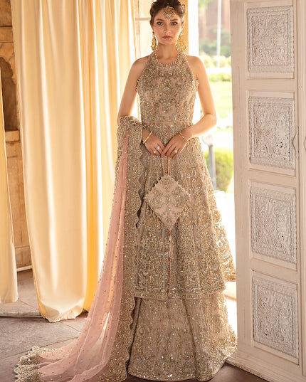 Jiya | Nude Hand Embellished Front Open Organza Bridal Gown