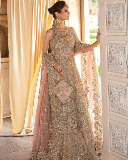 Jiya | Nude Hand Embellished Front Open Organza Bridal Gown