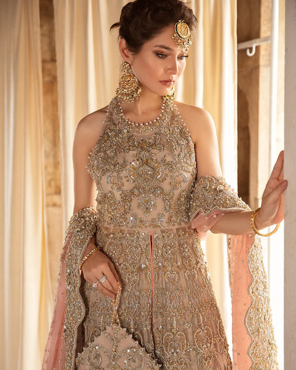 Jiya | Nude Hand Embellished Front Open Organza Bridal Gown