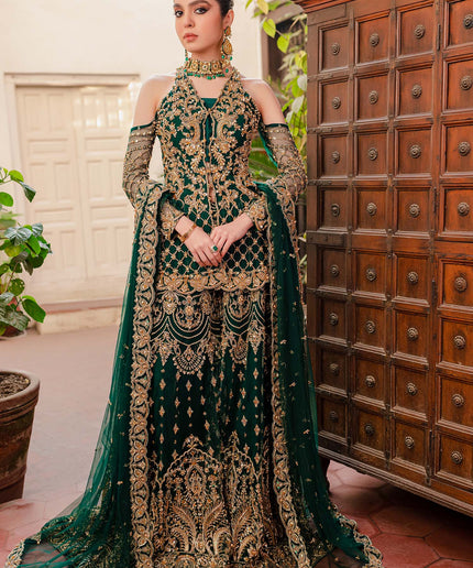 KASHAF | Bottle Green Net Jacket Hand Embellished Bridal Sharara