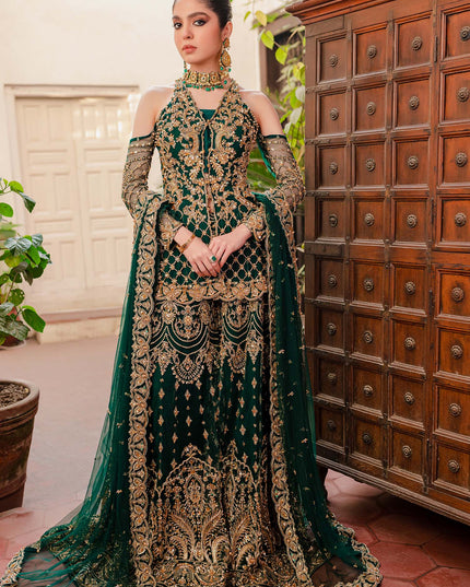 KASHAF | Bottle Green Net Jacket Hand Embellished Bridal Sharara