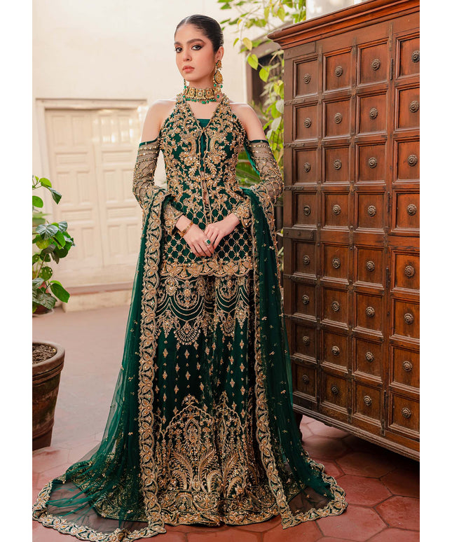 KASHAF | Bottle Green Net Jacket Hand Embellished Bridal Sharara
