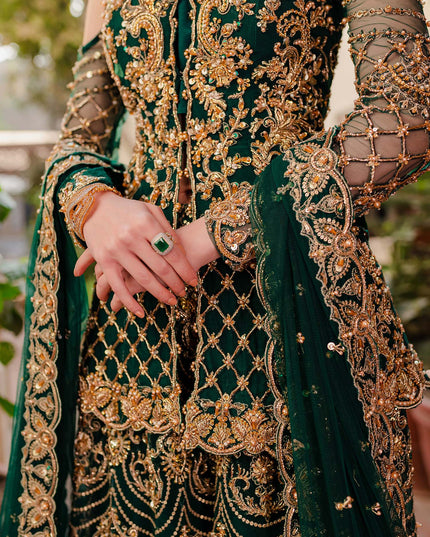 KASHAF | Bottle Green Net Jacket Hand Embellished Bridal Sharara