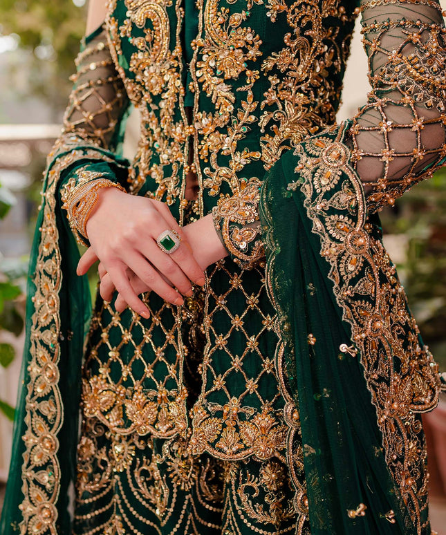 KASHAF | Bottle Green Net Jacket Hand Embellished Bridal Sharara