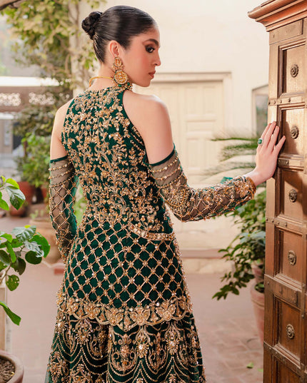 KASHAF | Bottle Green Net Jacket Hand Embellished Bridal Sharara