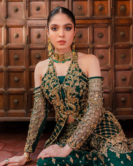 KASHAF | Bottle Green Net Jacket Hand Embellished Bridal Sharara