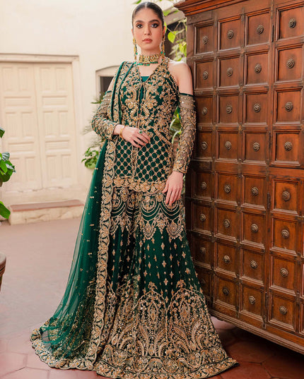 KASHAF | Bottle Green Net Jacket Hand Embellished Bridal Sharara