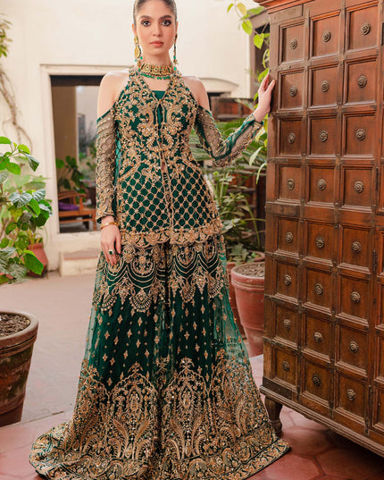 KASHAF | Bottle Green Net Jacket Hand Embellished Bridal Sharara
