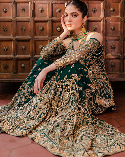 KASHAF | Bottle Green Net Jacket Hand Embellished Bridal Sharara