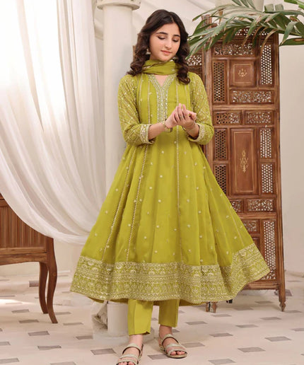 Kashish | Girls Green Chiffon Embroidered Pishwas