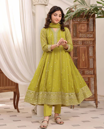 Kashish | Girls Green Chiffon Embroidered Pishwas