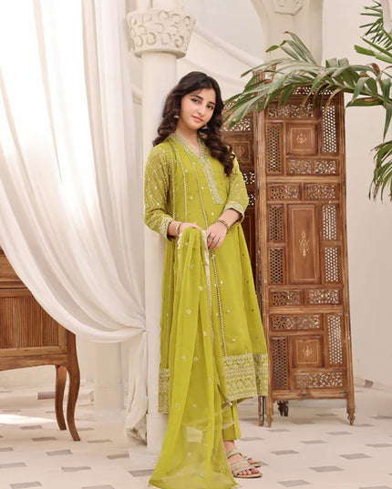 Kashish | Girls Green Chiffon Embroidered Pishwas