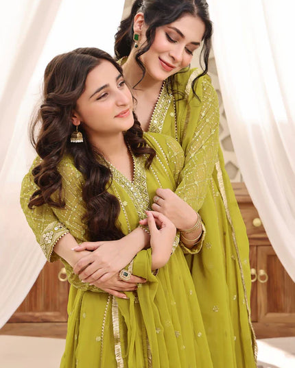 Kashish | Girls Green Chiffon Embroidered Pishwas