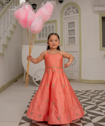 Khola | Girls Peach Pink Raw Silk Embellished Maxi
