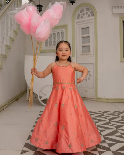 Khola | Girls Peach Pink Raw Silk Embellished Maxi