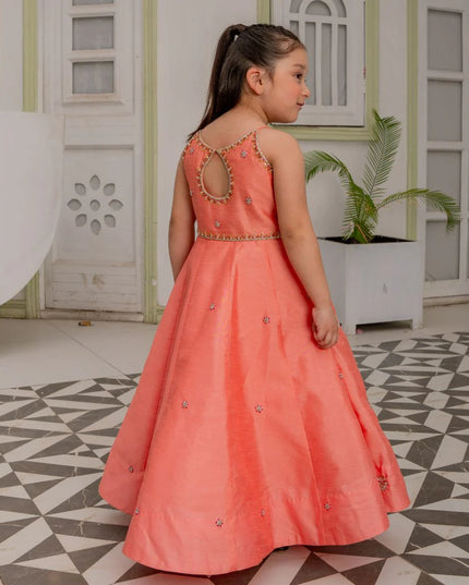 Khola | Girls Peach Pink Raw Silk Embellished Maxi