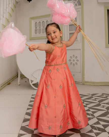 Khola | Girls Peach Pink Raw Silk Embellished Maxi