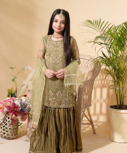 Aaliya | Girls Olive Organa Crush Lehenga