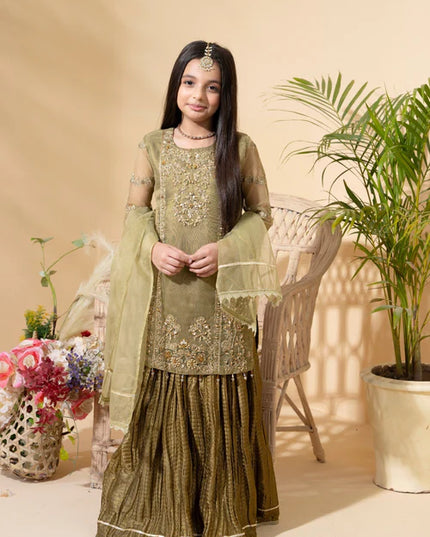 Aaliya | Girls Olive Organa Crush Lehenga