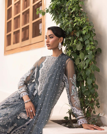 Zari | Maryam Hussain Grey Net Embroidered Hand Embellished Sharara
