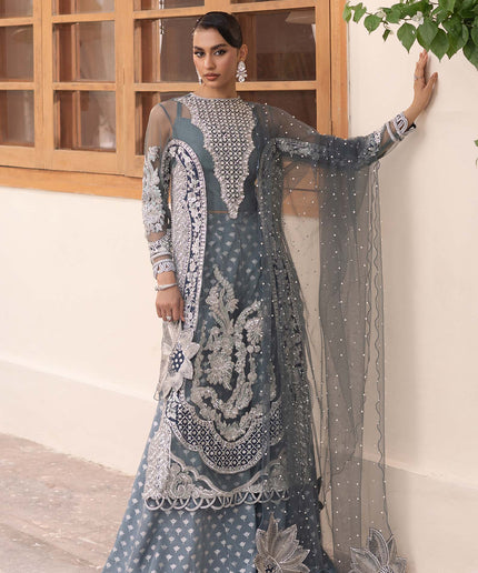 Zari | Maryam Hussain Grey Net Embroidered Hand Embellished Sharara