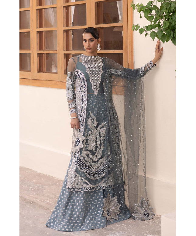 Zari | Maryam Hussain Grey Net Embroidered Hand Embellished Sharara