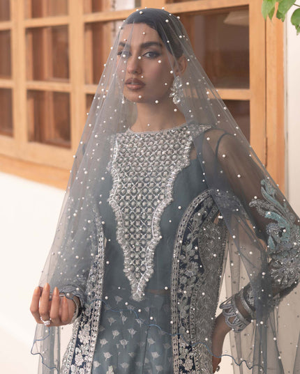 Zari | Maryam Hussain Grey Net Embroidered Hand Embellished Sharara