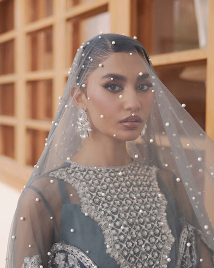 Zari | Maryam Hussain Grey Net Embroidered Hand Embellished Sharara