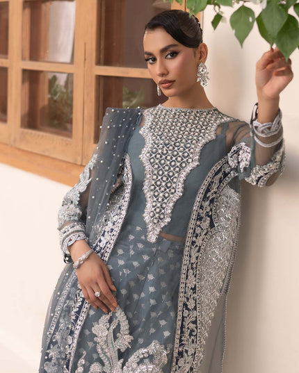 Zari | Maryam Hussain Grey Net Embroidered Hand Embellished Sharara