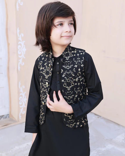3 Piece | Boys Black Leaf Embroidered Waistcoat Set