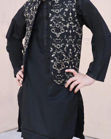 3 Piece | Boys Black Leaf Embroidered Waistcoat Set