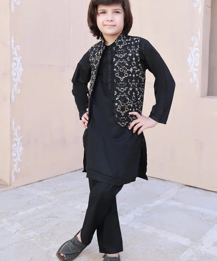 3 Piece | Boys Black Leaf Embroidered Waistcoat Set