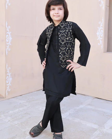 3 Piece | Boys Black Leaf Embroidered Waistcoat Set
