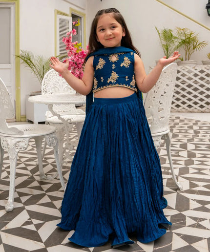Linta | Girls Blue Raw Silk Crush Lehenga choli