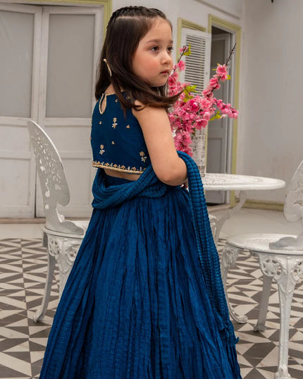 Linta | Girls Blue Raw Silk Crush Lehenga choli