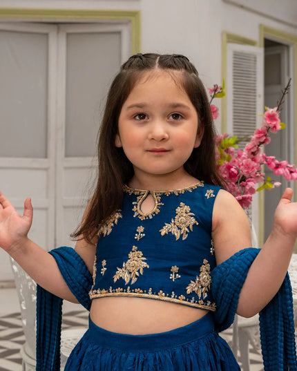 Linta | Girls Blue Raw Silk Crush Lehenga choli
