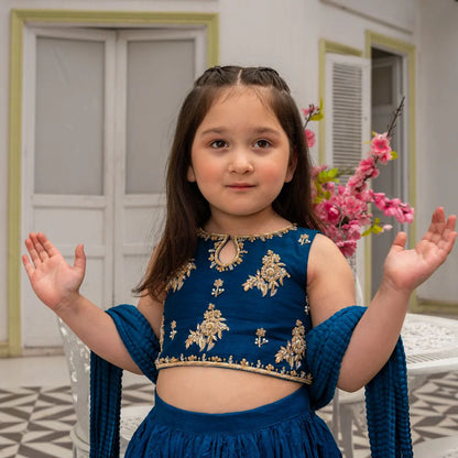 Linta | Girls Blue Raw Silk Crush Lehenga choli
