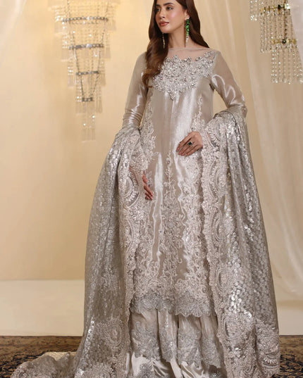 Lunar | Silver Rose Gold Premium Tissue Embroidered Embellished Sharara