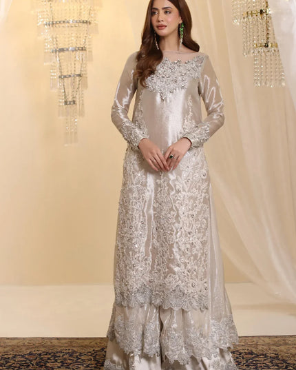 Lunar | Silver Rose Gold Premium Tissue Embroidered Embellished Sharara