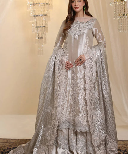 Lunar | Silver Rose Gold Premium Tissue Embroidered Embellished Sharara