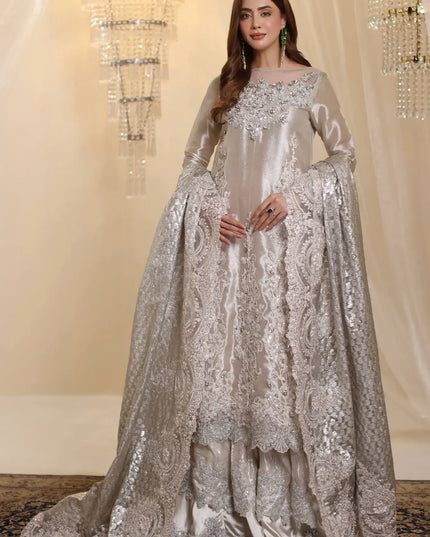 Lunar | Silver Rose Gold Premium Tissue Embroidered Embellished Sharara