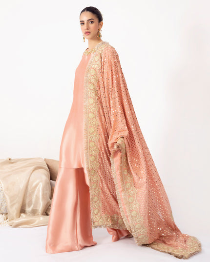 MANHA | Peach Embellished Silk Kalidar Pishwas