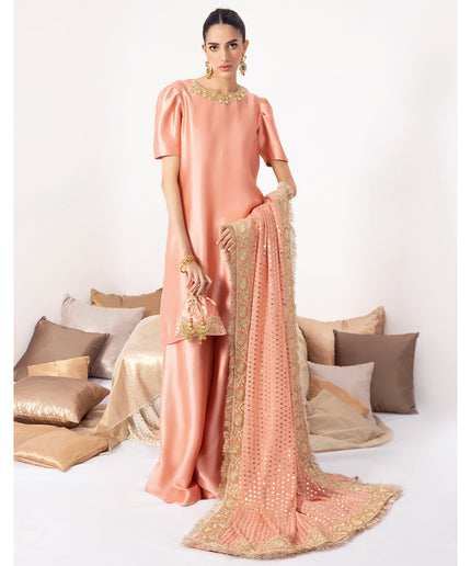 MANHA | Peach Embellished Silk Kalidar Pishwas