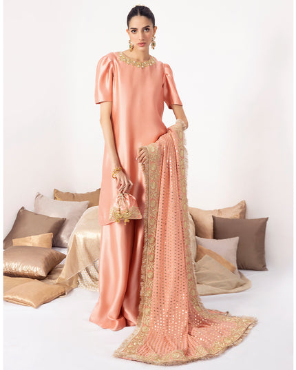 MANHA | Peach Embellished Silk Kalidar Pishwas