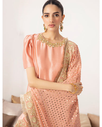 MANHA | Peach Embellished Silk Kalidar Pishwas