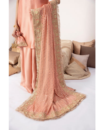 MANHA | Peach Embellished Silk Kalidar Pishwas