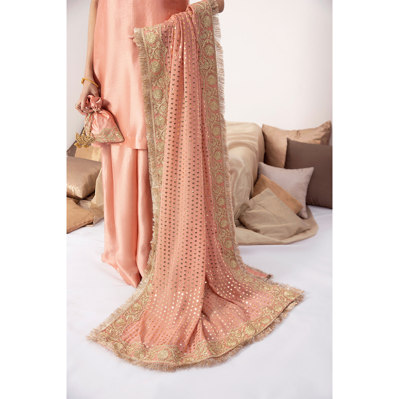 MANHA | Peach Embellished Silk Kalidar Pishwas